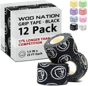 WOD Nation Weightlifting Hook Grip Tape - Comfortable, Stretchy Athletic Thumb Tape for Cross Training – Protects Wrist & Finger - Weight Lifting - Powerlifting (3-Pack, 23ft Each, Black)