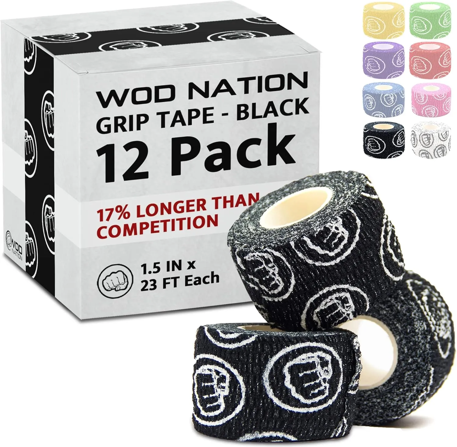 WOD Nation Weightlifting Hook Grip Tape - Comfortable, Stretchy Athletic Thumb Tape for Cross Training – Protects Wrist & Finger - Weight Lifting - Powerlifting (3-Pack, 23ft Each, Black)