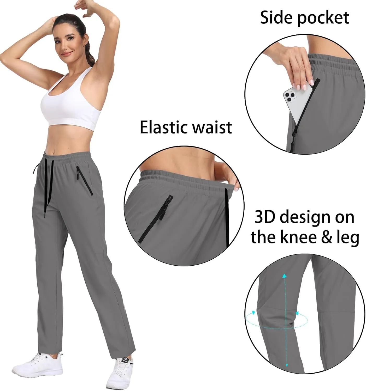 Womens Hiking Pants Waterproof Quick Dry Elastic Waist Drawstring Sweatpants UPF 50  Lightweight Travel Casual