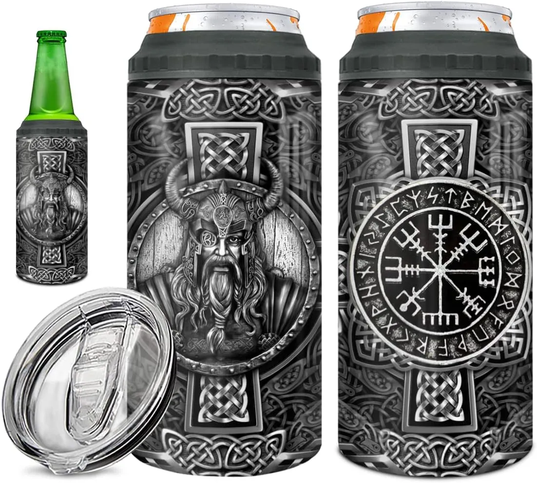 wowcugi Viking Tumbler Can Cooler 4-in-1 Metal Style Stainless Steel Insulated Tumblers 16oz Can Holder Cup with Lid Christmas Birthday Gifts for Men Women Celtic Lovers