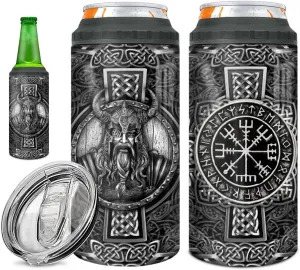 wowcugi Viking Tumbler Can Cooler 4-in-1 Metal Style Stainless Steel Insulated Tumblers 16oz Can Holder Cup with Lid Christmas Birthday Gifts for Men Women Celtic Lovers
