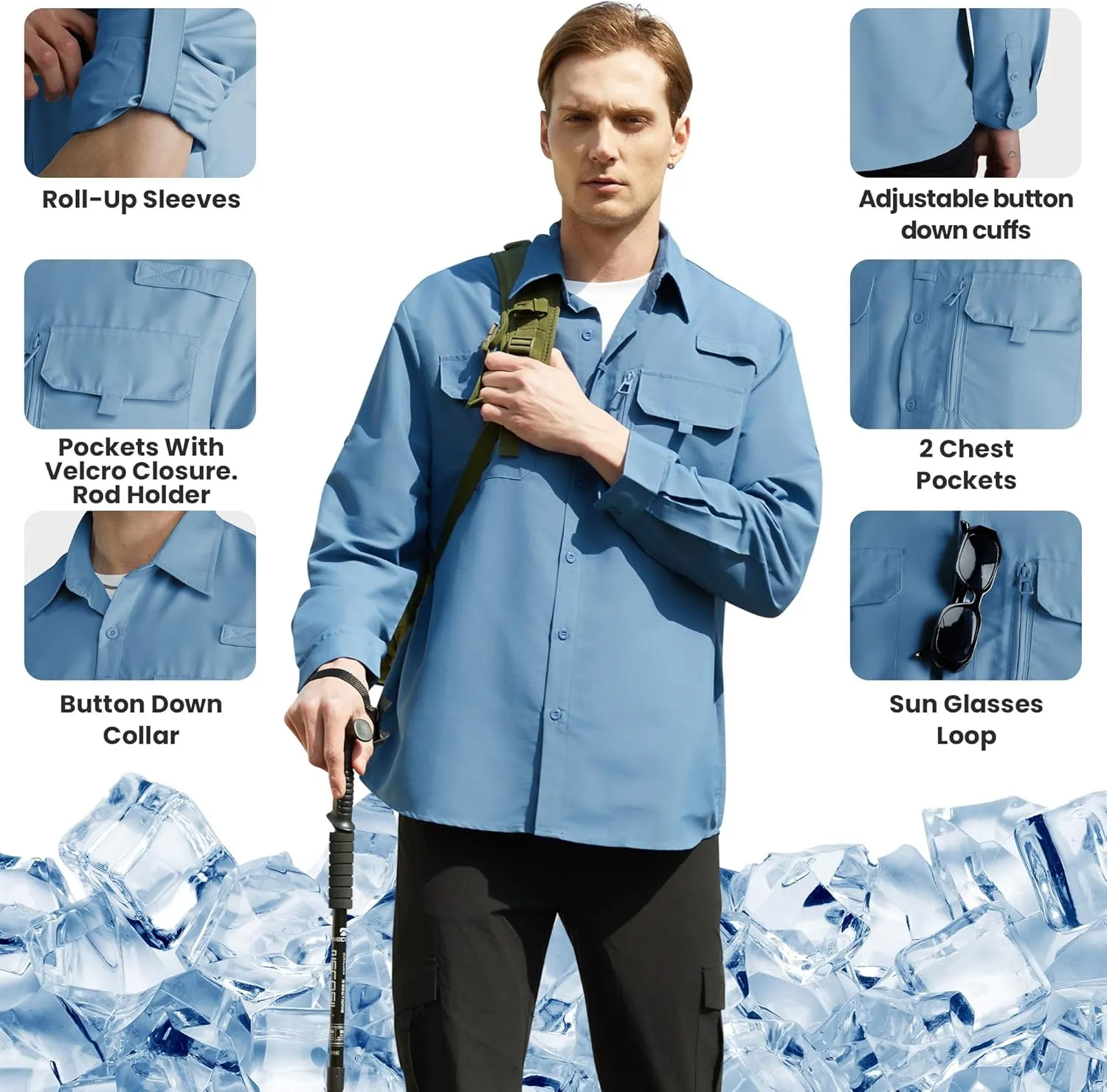 WULFUL Men's Sun Protection Fishing Shirts UPF 50  UV Lightweight Quick Dry Cooling Button Down Shirts for Work Hiking Safari