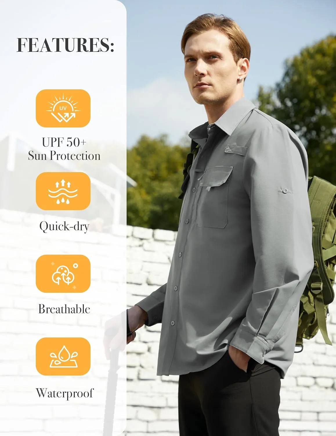 WULFUL Men's Sun Protection Fishing Shirts UPF 50  UV Lightweight Quick Dry Cooling Button Down Shirts for Work Hiking Safari