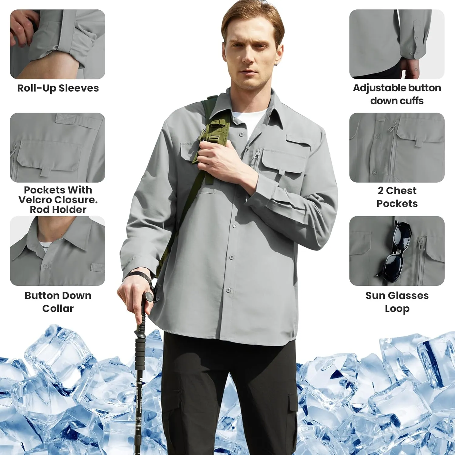 WULFUL Men's Sun Protection Fishing Shirts UPF 50  UV Lightweight Quick Dry Cooling Button Down Shirts for Work Hiking Safari