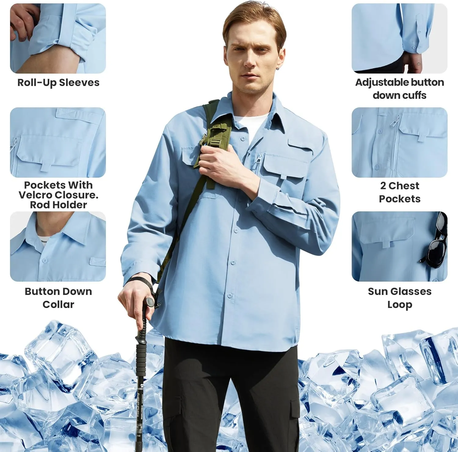 WULFUL Men's Sun Protection Fishing Shirts UPF 50  UV Lightweight Quick Dry Cooling Button Down Shirts for Work Hiking Safari