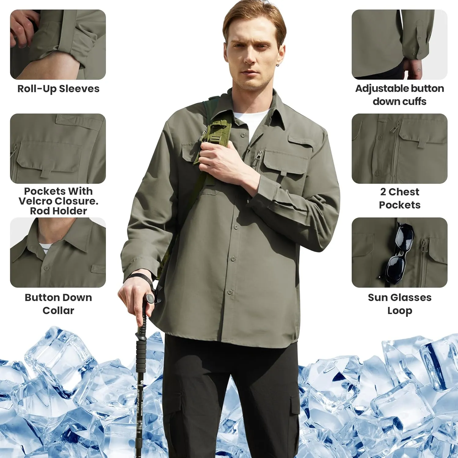 WULFUL Men's Sun Protection Fishing Shirts UPF 50  UV Lightweight Quick Dry Cooling Button Down Shirts for Work Hiking Safari