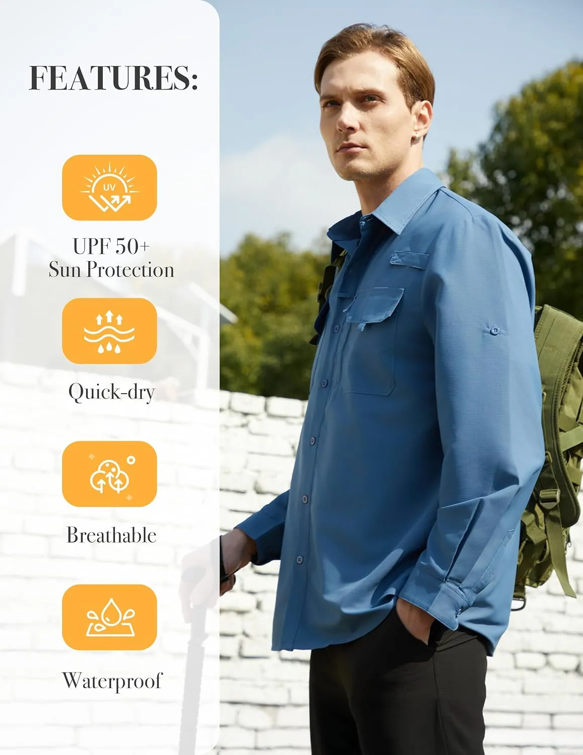 WULFUL Men's Sun Protection Fishing Shirts UPF 50  UV Lightweight Quick Dry Cooling Button Down Shirts for Work Hiking Safari