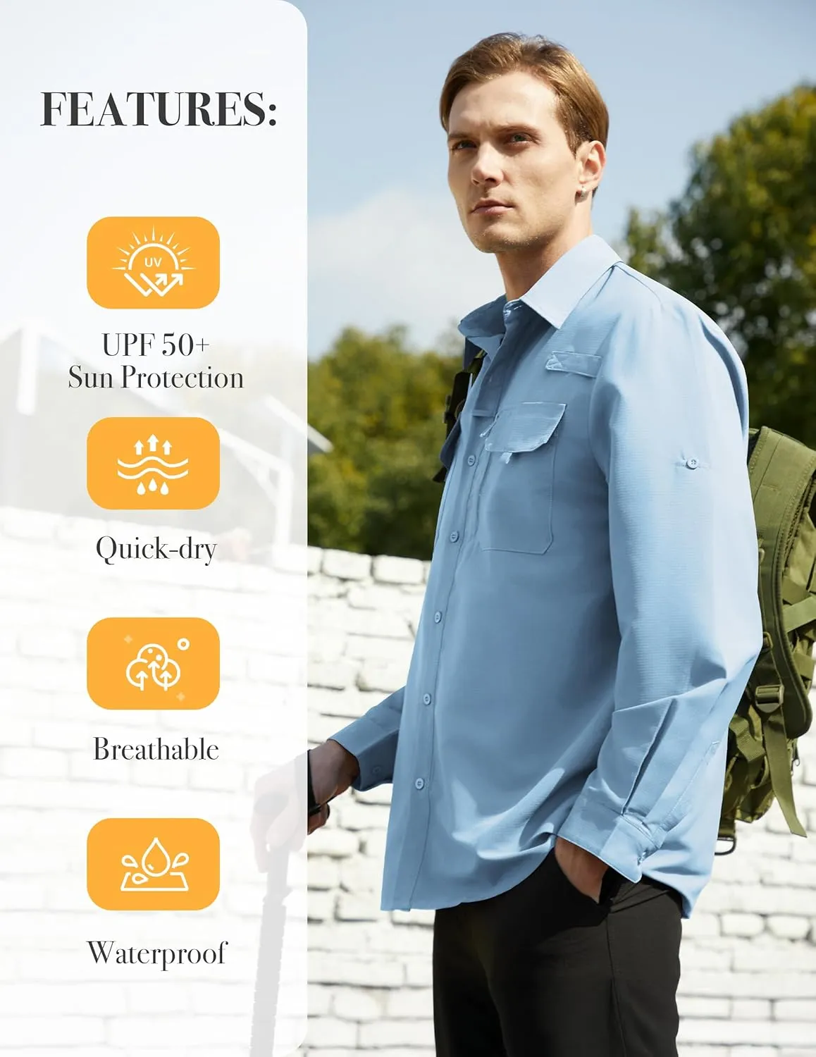 WULFUL Men's Sun Protection Fishing Shirts UPF 50  UV Lightweight Quick Dry Cooling Button Down Shirts for Work Hiking Safari