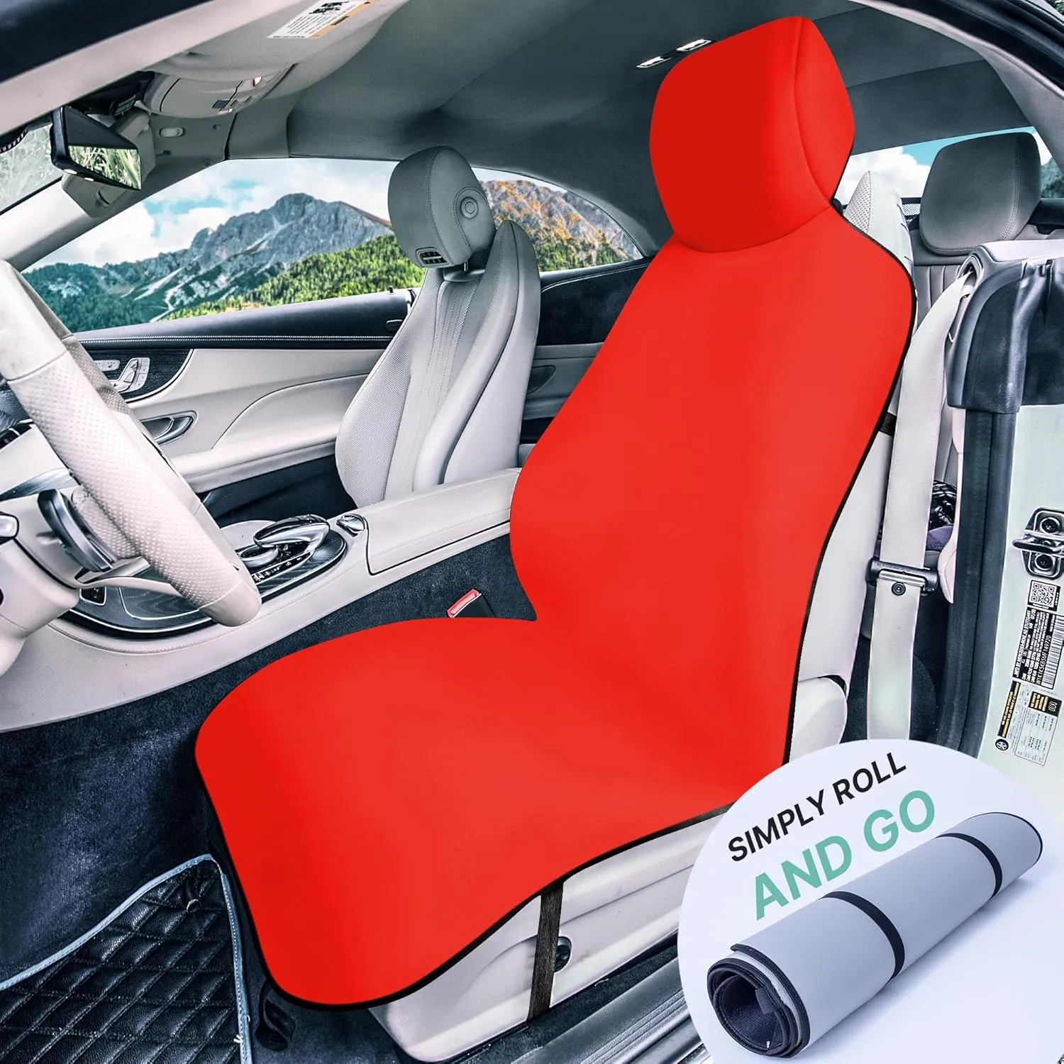 WYLF Easy Roll-Out Waterproof Car Seat Cover, for Surfing Yoga Gym Beach, Perfect for Cars, Trucks, SUVs, Vans - Pack of 1 Protector for Front Seat - Premium Neoprene, Anti-Slip Car Towel-RED