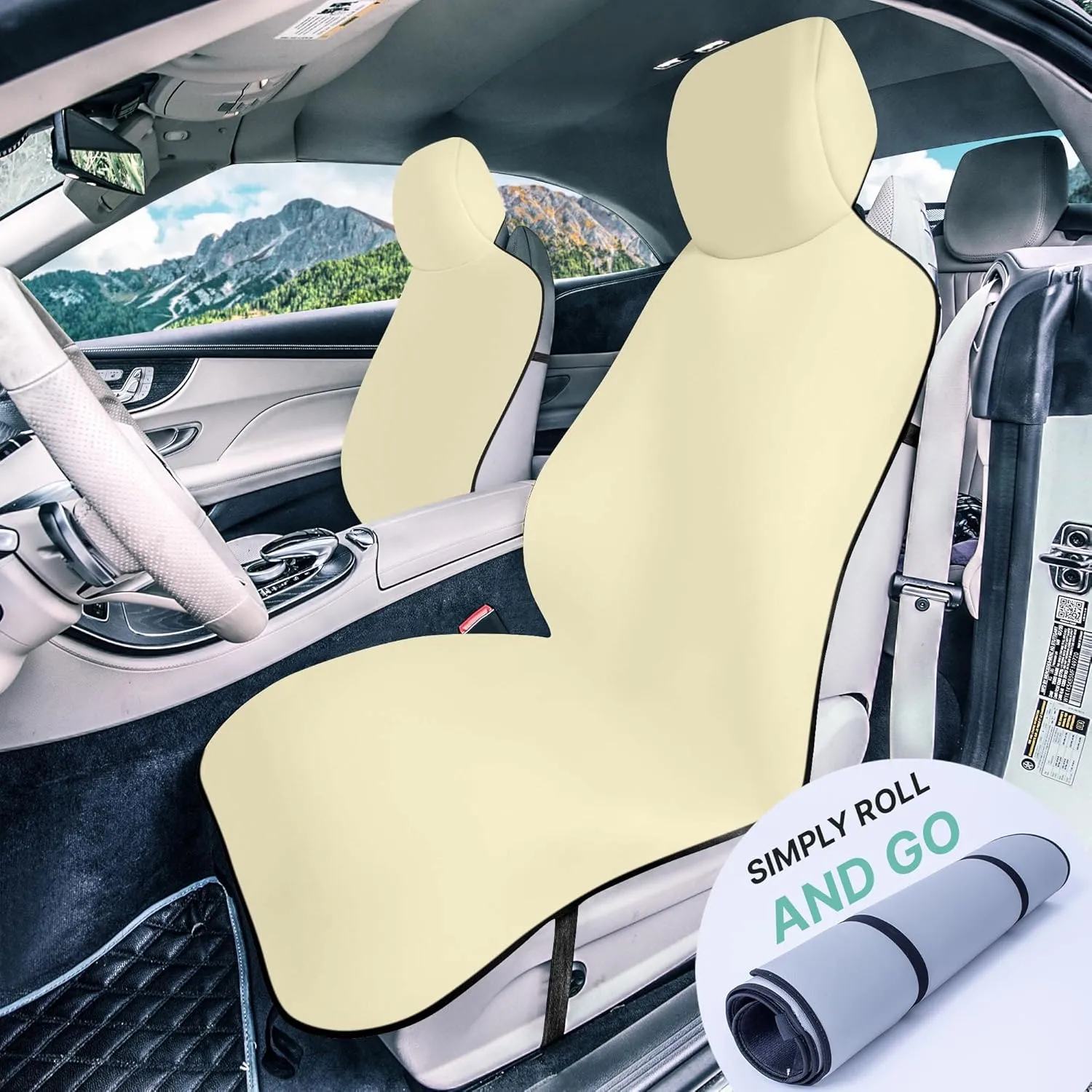 WYLF Easy Roll-Out Waterproof Car Seat Cover, for Surfing Yoga Gym Beach, Perfect for Cars, Trucks, SUVs, Vans-Pack of 2 Protectors for Front Seats - Premium Neoprene, Anti-Slip Car Towel - BEIGE