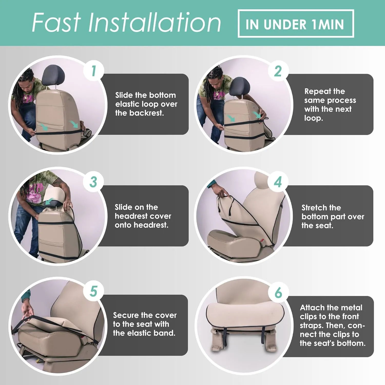 WYLF Easy Roll-Out Waterproof Car Seat Cover, for Surfing Yoga Gym Beach, Perfect for Cars, Trucks, SUVs, Vans-Pack of 2 Protectors for Front Seats - Premium Neoprene, Anti-Slip Car Towel - BEIGE