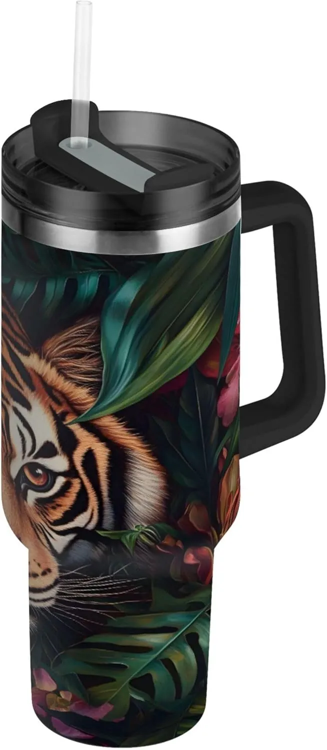 xigua 30 oz Beautiful Tiger Tumbler with Handle and Straw Lid, Stainless Steel Vacuum Insulated Sports Water Bottle, Keeps Cold or Hot Coffee Cup Travel Mug