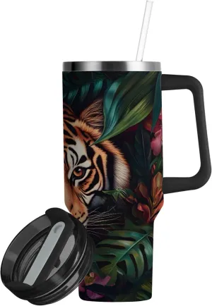 xigua 30 oz Beautiful Tiger Tumbler with Handle and Straw Lid, Stainless Steel Vacuum Insulated Sports Water Bottle, Keeps Cold or Hot Coffee Cup Travel Mug