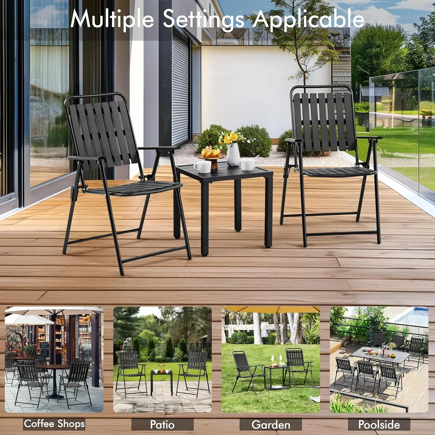 Yaheetech Folding Patio Chair Set of 4, Outdoor Dining Chair with Armrests, Plastic Patio Chair for Porch, Deck, Garden, Backyard, No Assembly Black