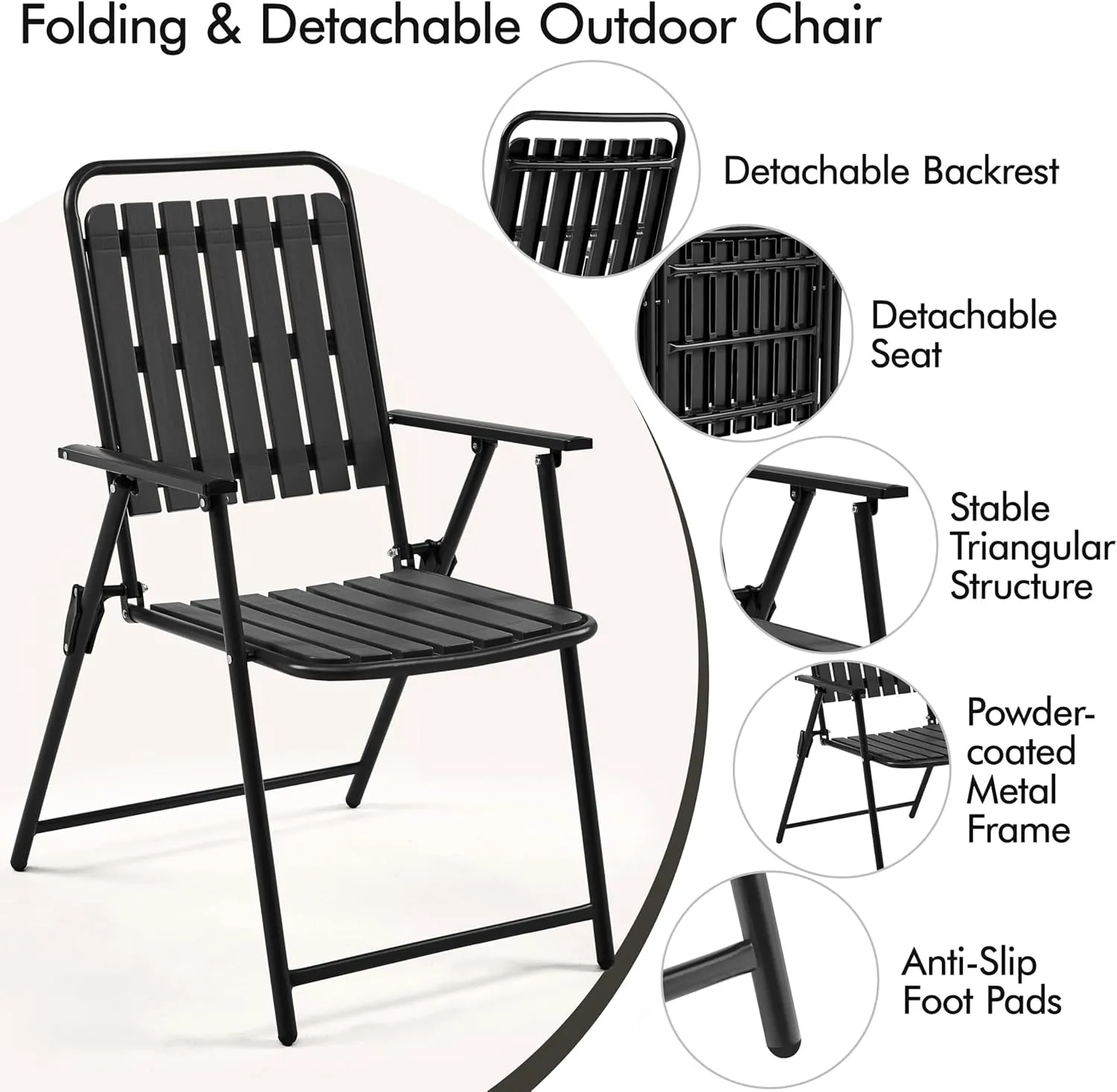 Yaheetech Folding Patio Chair Set of 4, Outdoor Dining Chair with Armrests, Plastic Patio Chair for Porch, Deck, Garden, Backyard, No Assembly Black