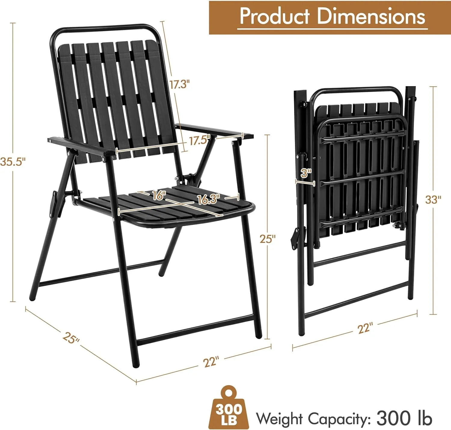 Yaheetech Folding Patio Chair Set of 4, Outdoor Dining Chair with Armrests, Plastic Patio Chair for Porch, Deck, Garden, Backyard, No Assembly Black