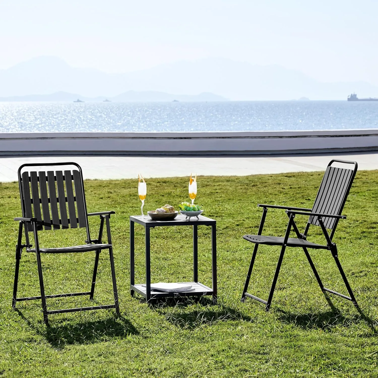 Yaheetech Folding Patio Chair Set of 4, Outdoor Dining Chair with Armrests, Plastic Patio Chair for Porch, Deck, Garden, Backyard, No Assembly Black