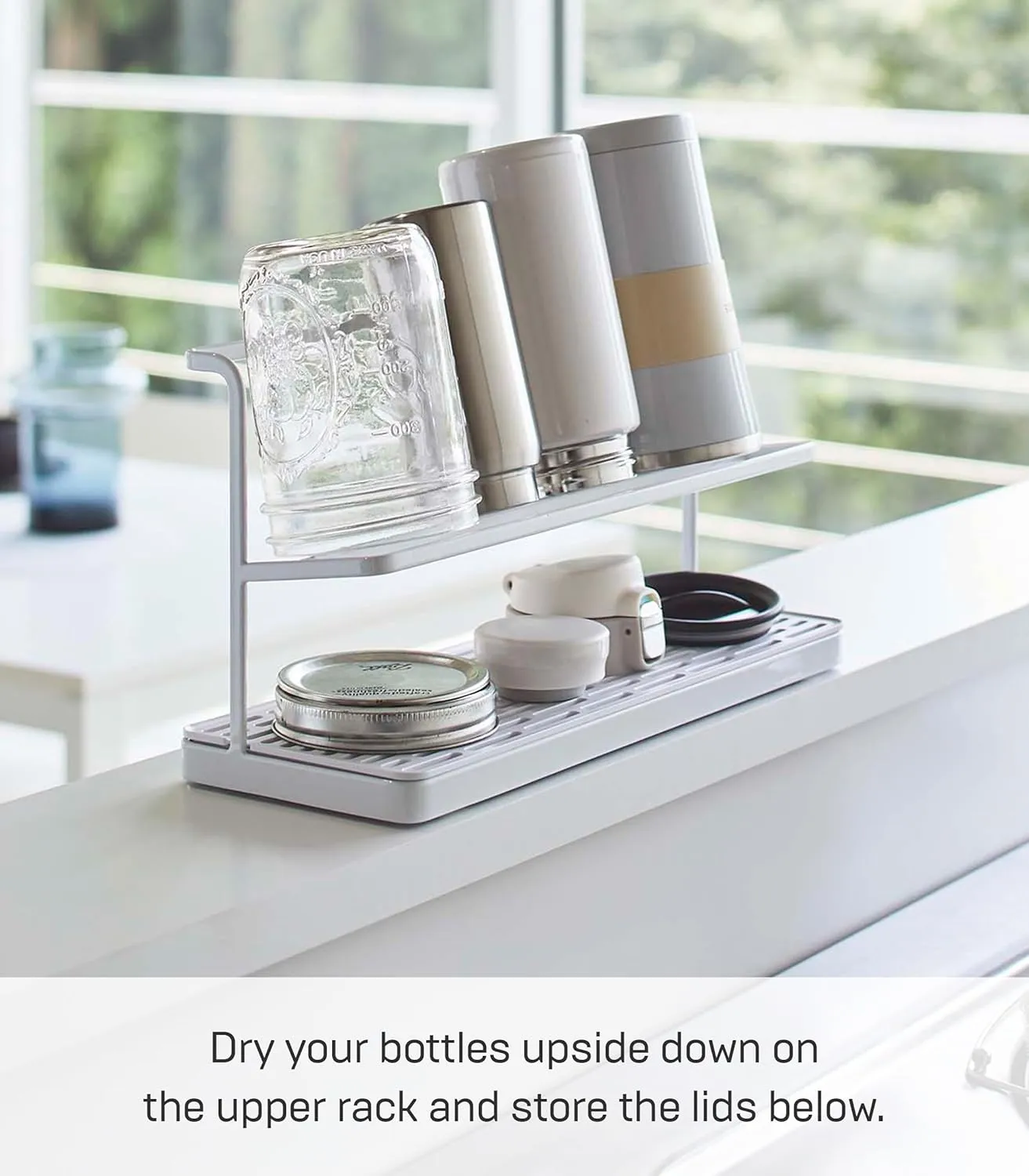 Yamazaki Home Tower Countertop Two Tier Bottle Drying Rack, Wide Jug Storage Stand with Drainage Tray for Kitchen Counter for Glass Metal Or Plastic Bottles - Steel