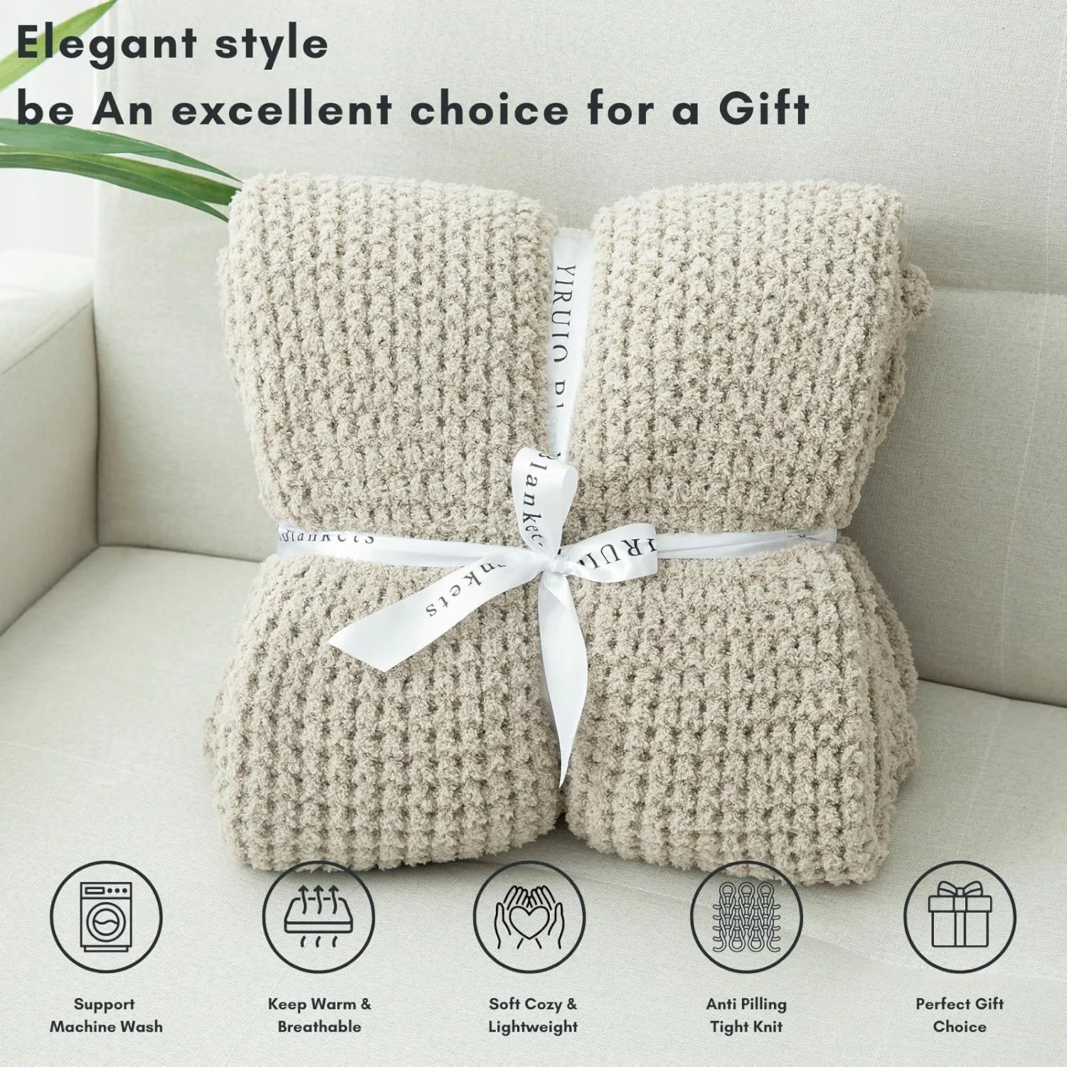YIRUIO Microfiber Waffle Throw Blanket Weave Knit Super Soft Ultra Cozy Fuzzy Fluffy Warm for Living Room Bedroom Bedding Farmhouse (Beige Camel, 51'' x 63'')