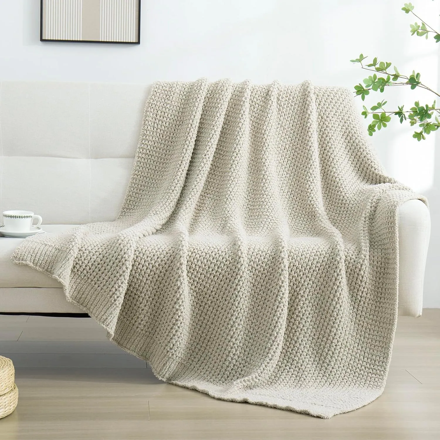 YIRUIO Microfiber Waffle Throw Blanket Weave Knit Super Soft Ultra Cozy Fuzzy Fluffy Warm for Living Room Bedroom Bedding Farmhouse (Beige Camel, 51'' x 63'')