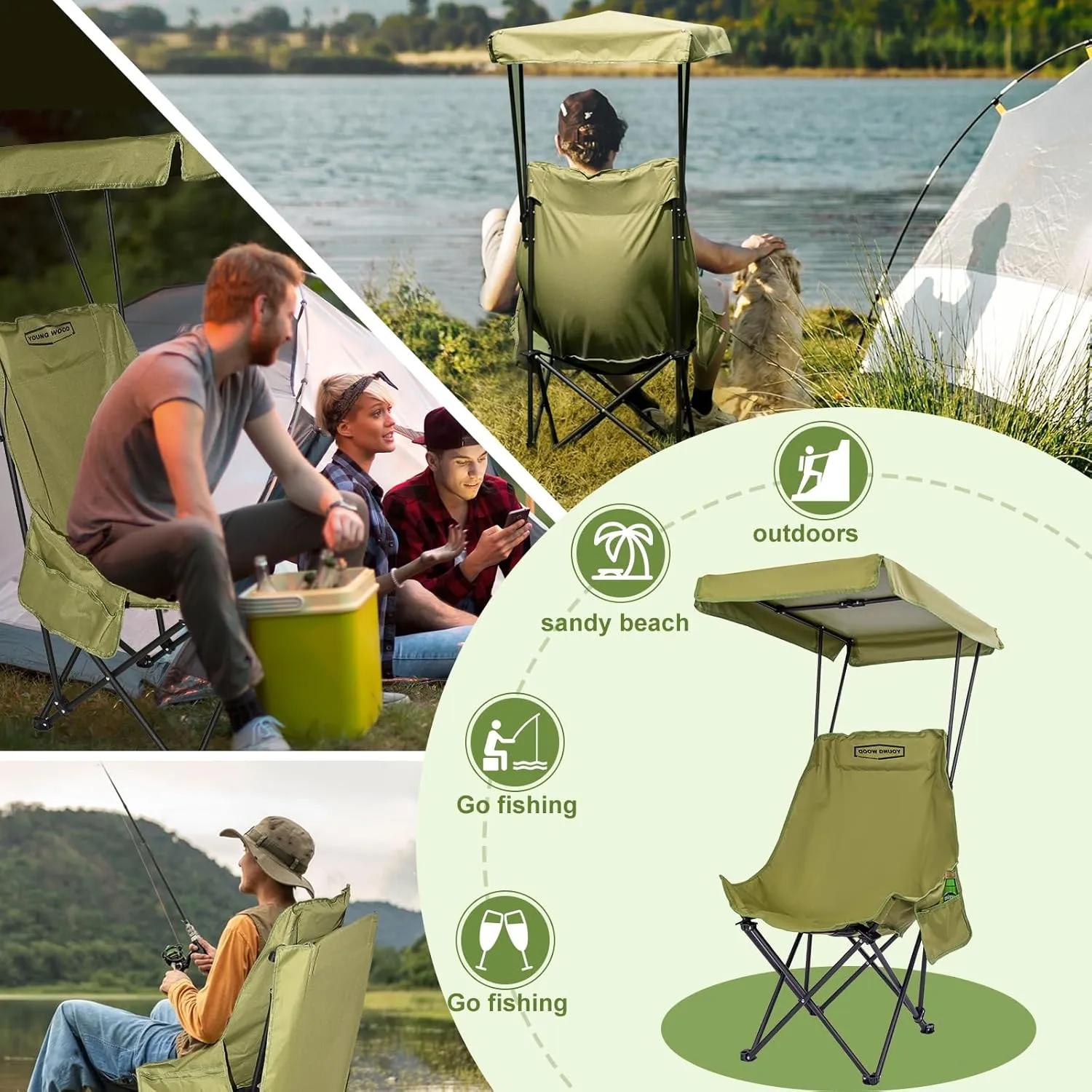 YOUNG WOOD Portable Camping Chair Beach Chair with Shade Canopy, Fold Lightweight Oversized for All, Easy to Open, Close Without Installation, Side Pocket Design for All Outdoor Activities, Green,2p