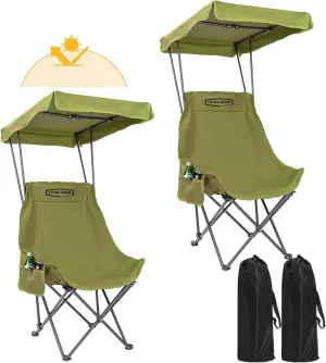 YOUNG WOOD Portable Camping Chair Beach Chair with Shade Canopy, Fold Lightweight Oversized for All, Easy to Open, Close Without Installation, Side Pocket Design for All Outdoor Activities, Green,2p