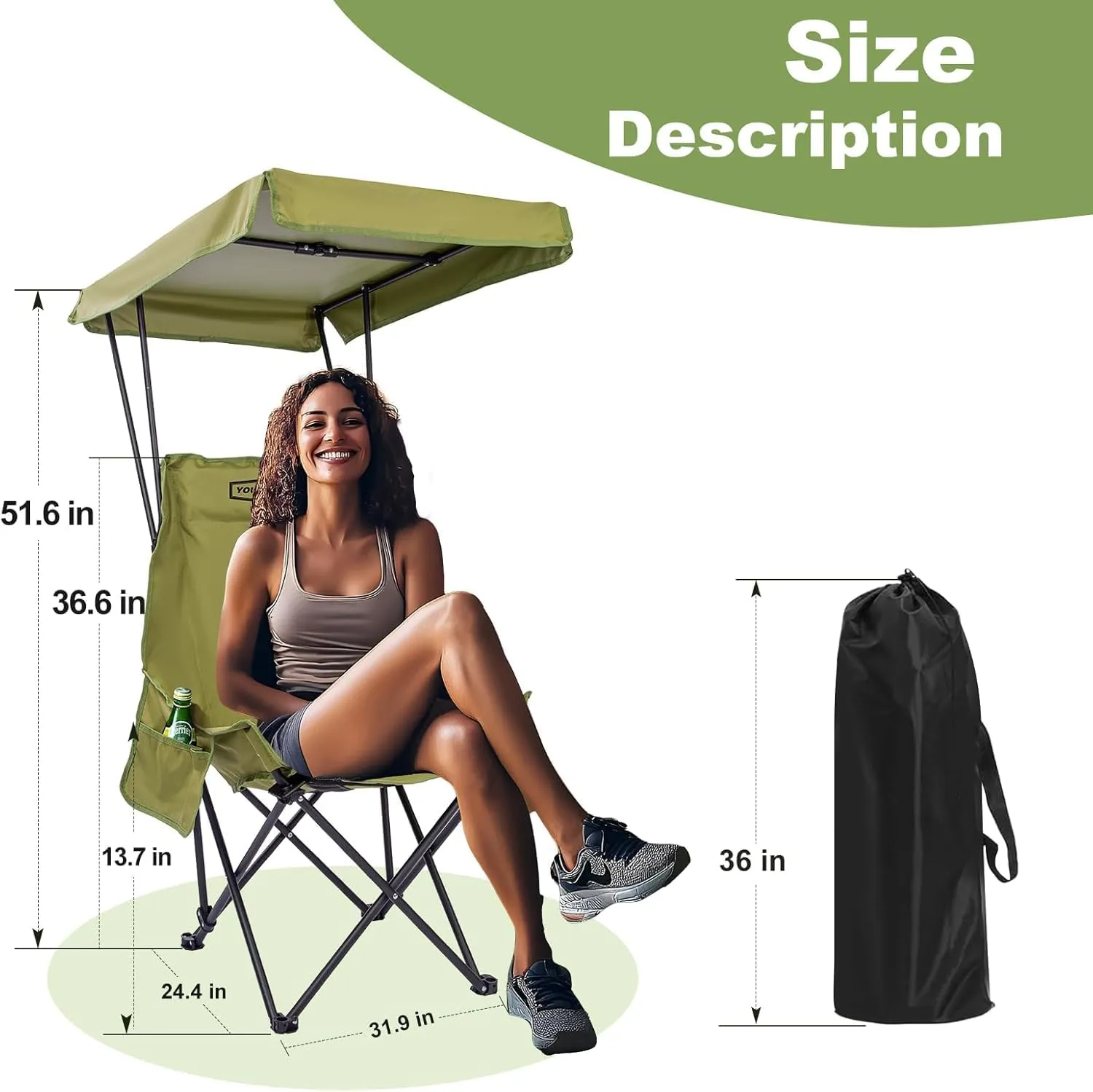YOUNG WOOD Portable Camping Chair Beach Chair with Shade Canopy, Fold Lightweight Oversized for All, Easy to Open, Close Without Installation, Side Pocket Design for All Outdoor Activities, Green,2p