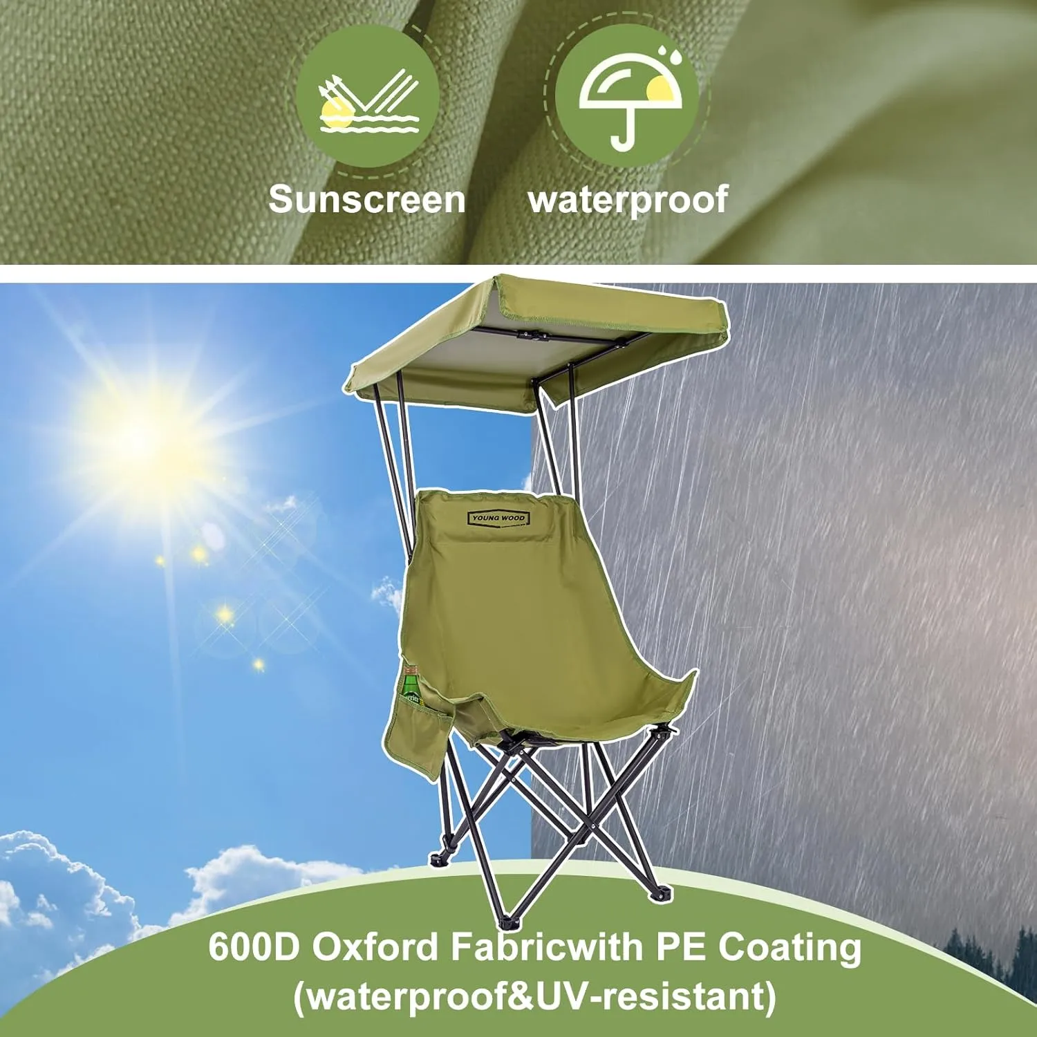 YOUNG WOOD Portable Camping Chair Beach Chair with Shade Canopy, Fold Lightweight Oversized for All, Easy to Open, Close Without Installation, Side Pocket Design for All Outdoor Activities, Green,2p