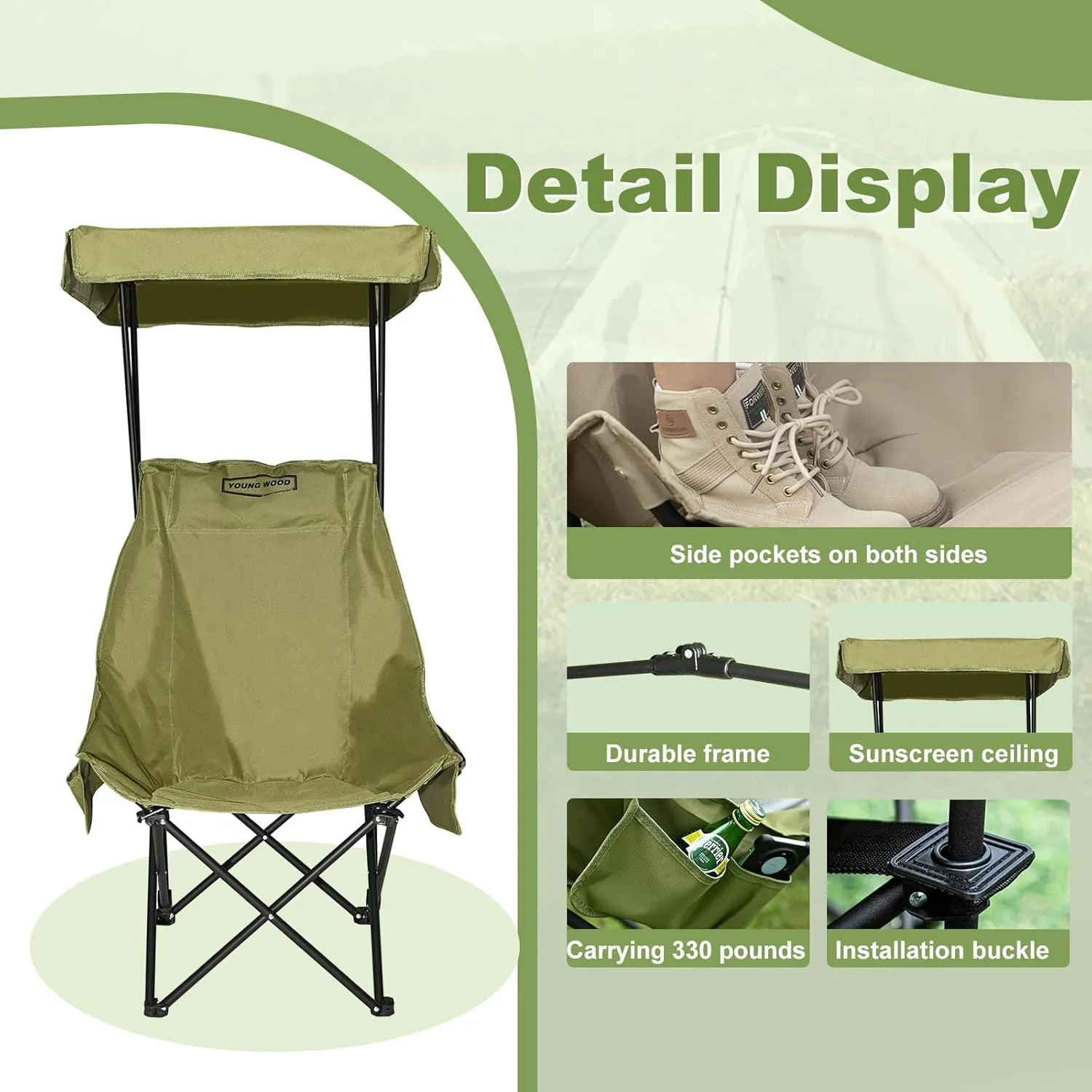 YOUNG WOOD Portable Camping Chair Beach Chair with Shade Canopy, Fold Lightweight Oversized for All, Easy to Open, Close Without Installation, Side Pocket Design for All Outdoor Activities, Green,2p