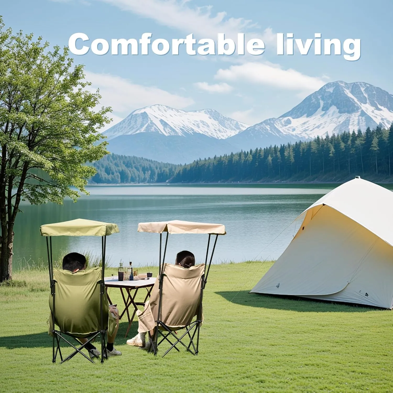 YOUNG WOOD Portable Camping Chair Beach Chair with Shade Canopy, Fold Lightweight Oversized for All, Easy to Open, Close Without Installation, Side Pocket Design for All Outdoor Activities, Green,2p
