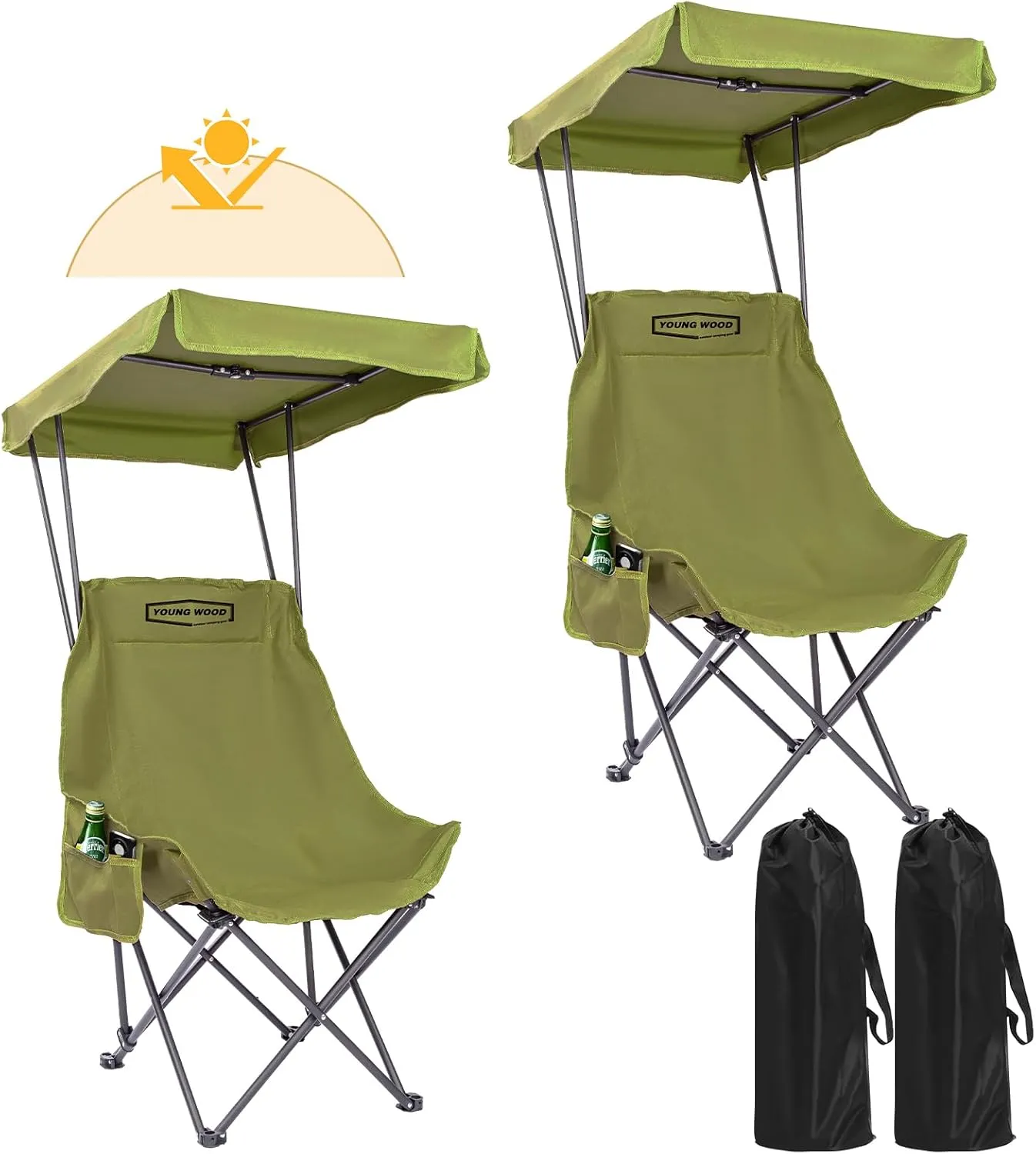 YOUNG WOOD Portable Camping Chair Beach Chair with Shade Canopy, Fold Lightweight Oversized for All, Easy to Open, Close Without Installation, Side Pocket Design for All Outdoor Activities, Green,2p