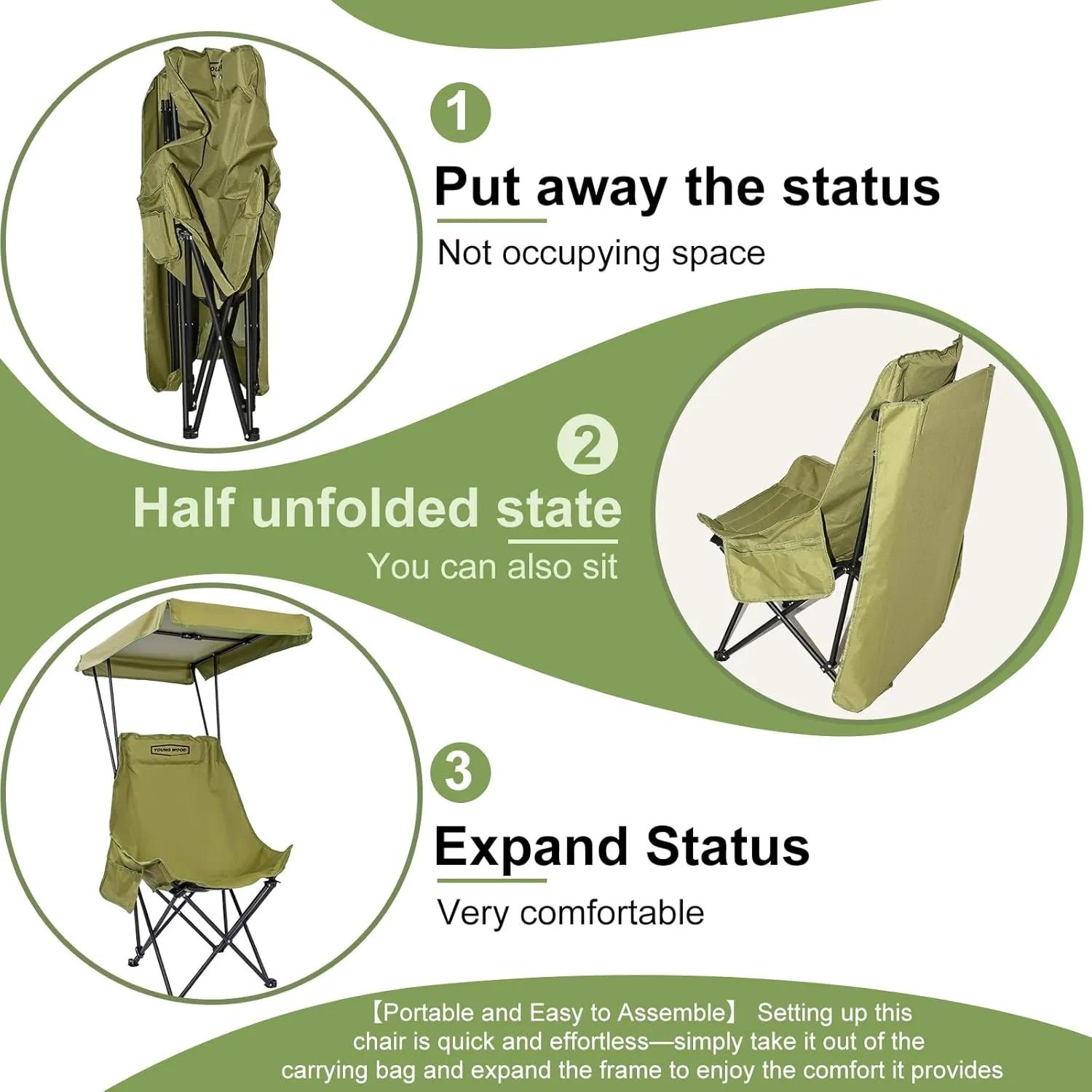 YOUNG WOOD Portable Camping Chair Beach Chair with Shade Canopy, Fold Lightweight Oversized for All, Easy to Open, Close Without Installation, Side Pocket Design for All Outdoor Activities, Green,2p