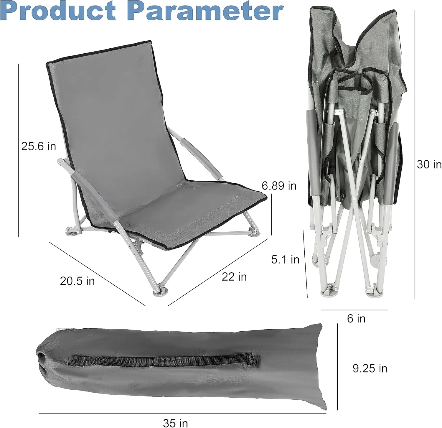 YSSOA Grey Beach Camping Folding Adults with Carry Bag︱Low Profile, Lightweight, Portable Chair for Outdoor Travel, Picnic, BBQ (Color, 1-Pack