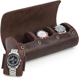 YUONNY Watch Roll Travel Case for 3 Watches, Vintage Genuine Leather Watch Box Organiser with 3 Slots for Men Women, Portable Watch Storage Organizer and Display, Removable Pillows (Coffee)