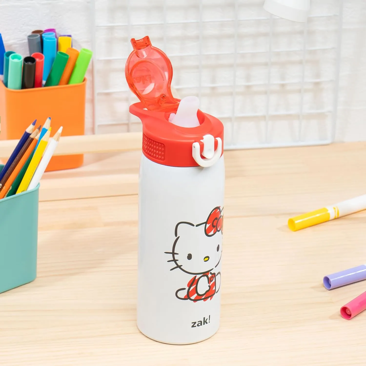 Zak Designs Sanrio Sage Kids Water Bottle For School or Travel, 19oz Stainless Steel Water Bottle With Straw, Handle, and Leak-Proof, Pop-Up Spout Cover (Hello Kitty)