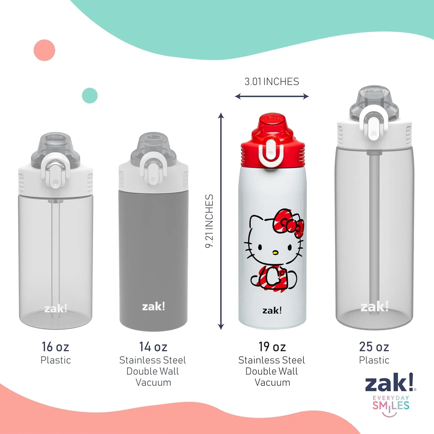 Zak Designs Sanrio Sage Kids Water Bottle For School or Travel, 19oz Stainless Steel Water Bottle With Straw, Handle, and Leak-Proof, Pop-Up Spout Cover (Hello Kitty)