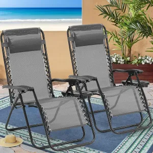 Zero Gravity Chairs Set of 2, 350lbs Capacity Folding Outdoor Patio Recliner with Adjustable Headrest & Cup Holder, Anti Gravity Chair for Backyard, Poolside & Lawn (Ice Gray)