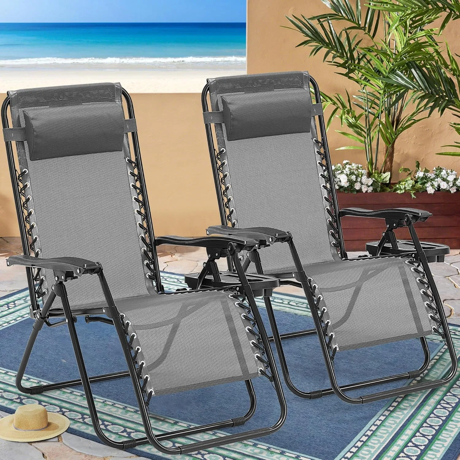 Zero Gravity Chairs Set of 2, 350lbs Capacity Folding Outdoor Patio Recliner with Adjustable Headrest & Cup Holder, Anti Gravity Chair for Backyard, Poolside & Lawn (Ice Gray)