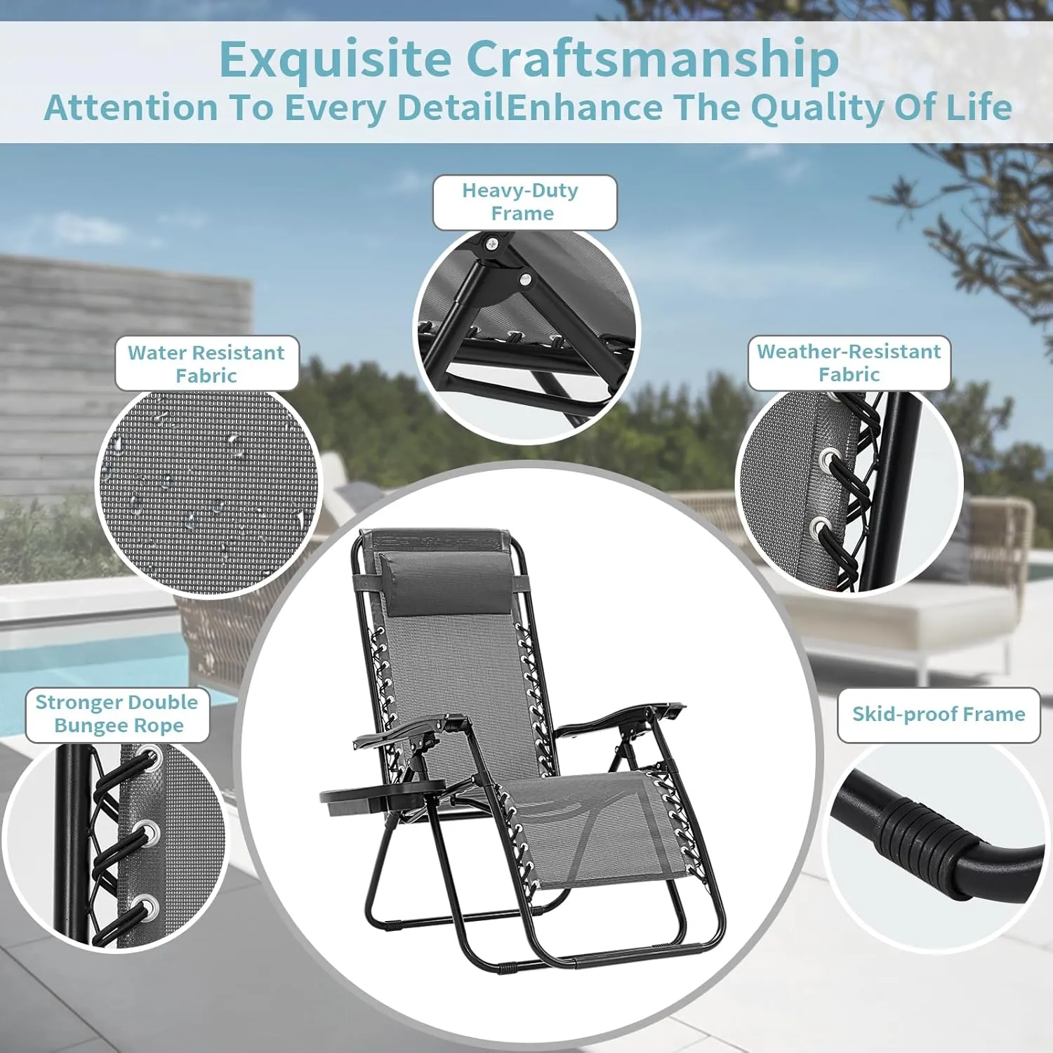 Zero Gravity Chairs Set of 2, 350lbs Capacity Folding Outdoor Patio Recliner with Adjustable Headrest & Cup Holder, Anti Gravity Chair for Backyard, Poolside & Lawn (Ice Gray)