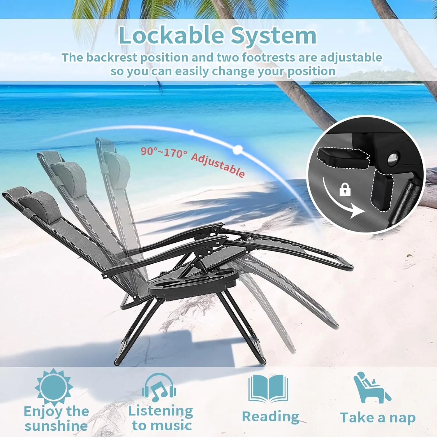 Zero Gravity Chairs Set of 2, 350lbs Capacity Folding Outdoor Patio Recliner with Adjustable Headrest & Cup Holder, Anti Gravity Chair for Backyard, Poolside & Lawn (Ice Gray)