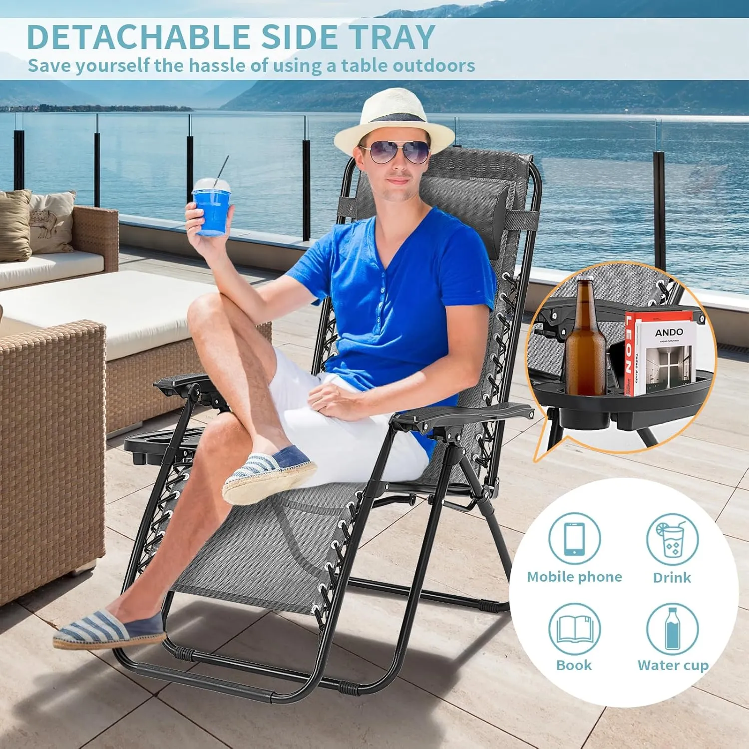 Zero Gravity Chairs Set of 2, 350lbs Capacity Folding Outdoor Patio Recliner with Adjustable Headrest & Cup Holder, Anti Gravity Chair for Backyard, Poolside & Lawn (Ice Gray)
