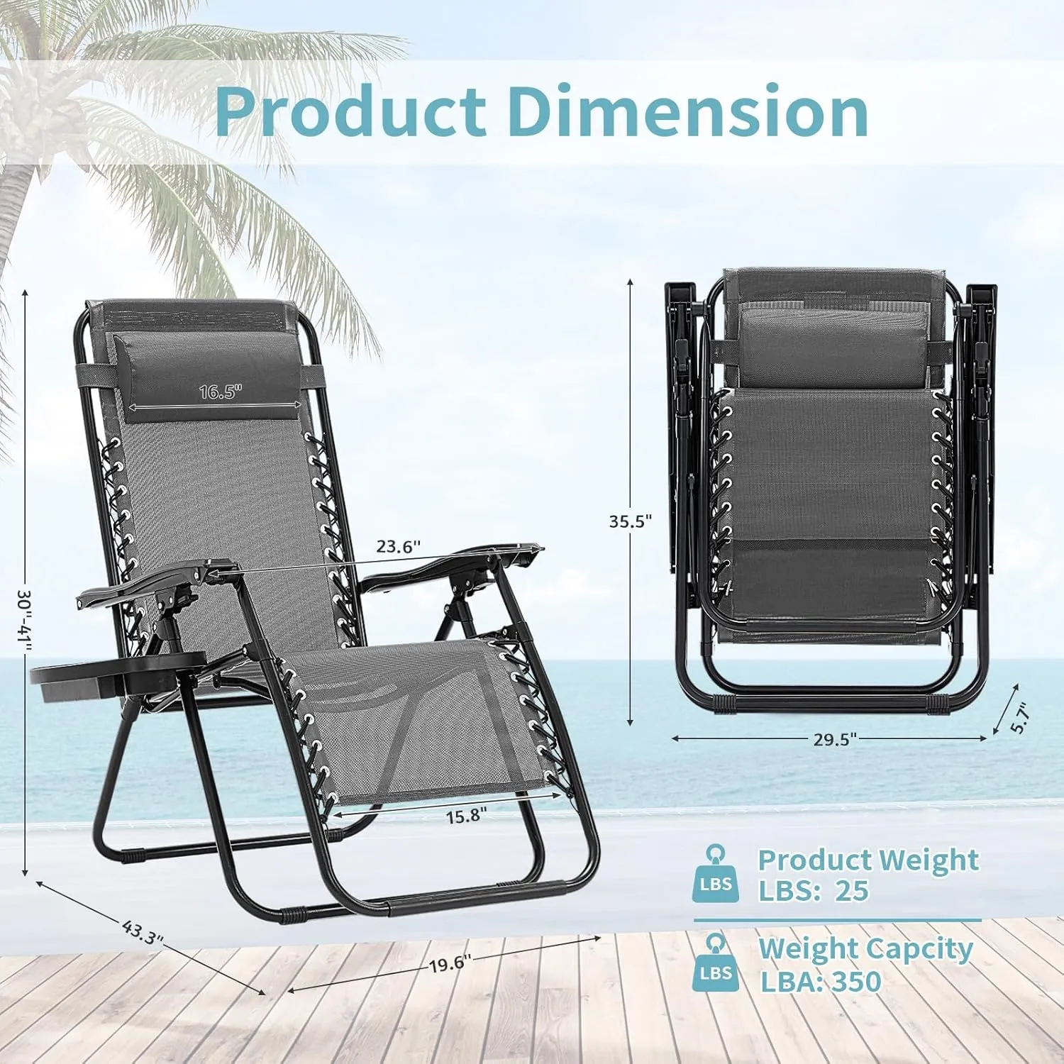 Zero Gravity Chairs Set of 2, 350lbs Capacity Folding Outdoor Patio Recliner with Adjustable Headrest & Cup Holder, Anti Gravity Chair for Backyard, Poolside & Lawn (Ice Gray)