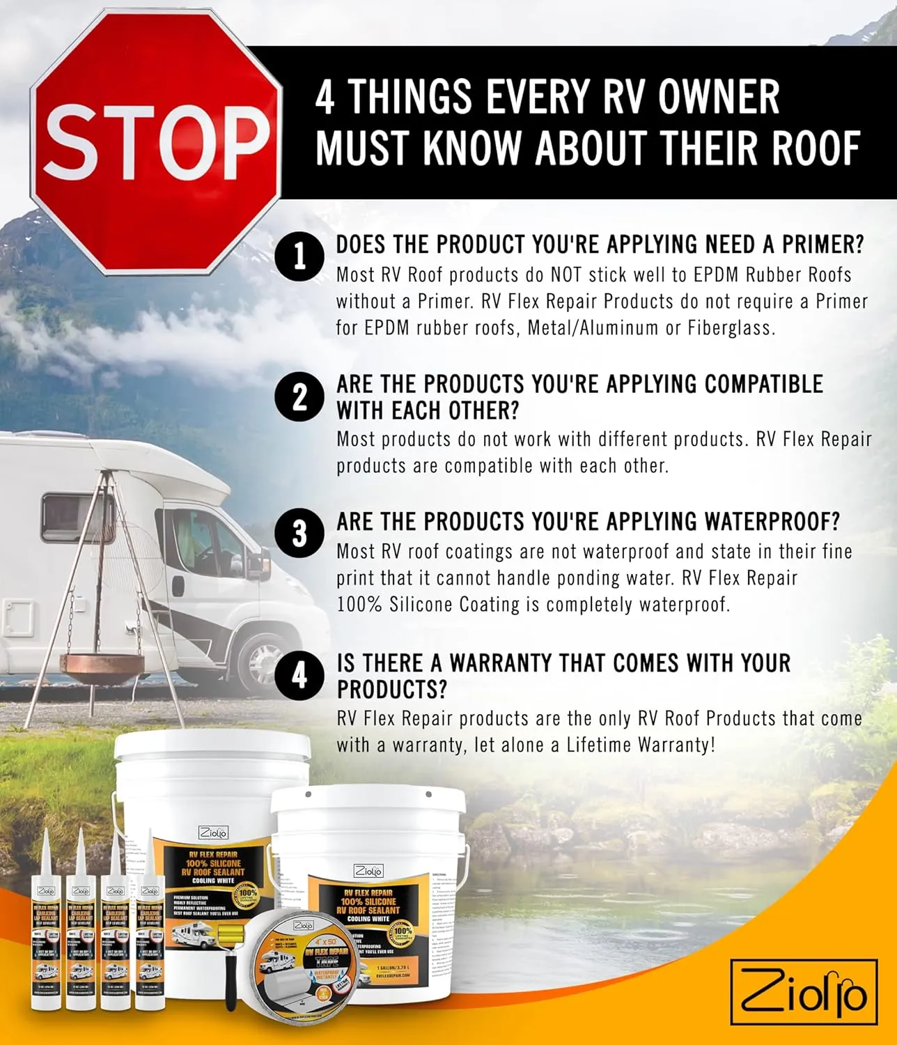 Ziollo RV Flex Repair Tape - Roof Seam Tape to Seal and Waterproof, Bond to EPDM Rubber with Butyl Sealant, Seal Vents and Skylights on Motorhomes, Trailers, Campers (White, 4-inch x 50 Foot Roll)