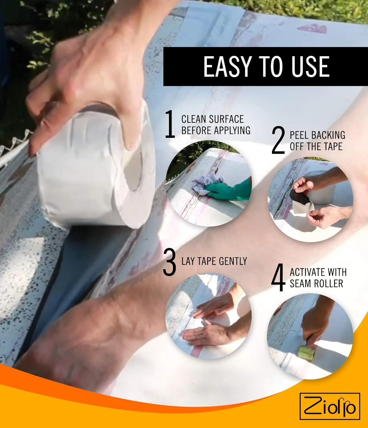 Ziollo RV Flex Repair Tape - Roof Seam Tape to Seal and Waterproof, Bond to EPDM Rubber with Butyl Sealant, Seal Vents and Skylights on Motorhomes, Trailers, Campers (White, 4-inch x 50 Foot Roll)