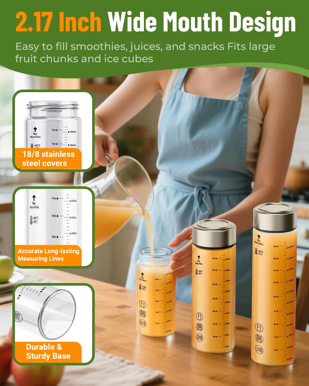 Zukro 16 oz Borosilicate Glass Water Bottles with Stainless Steel Lids and Measurement| Reusable Leakproof Drinking Bottles for Juicing, Smoothie, Protein| 4 Pack Wide Mouth BPA-Free Juice Container