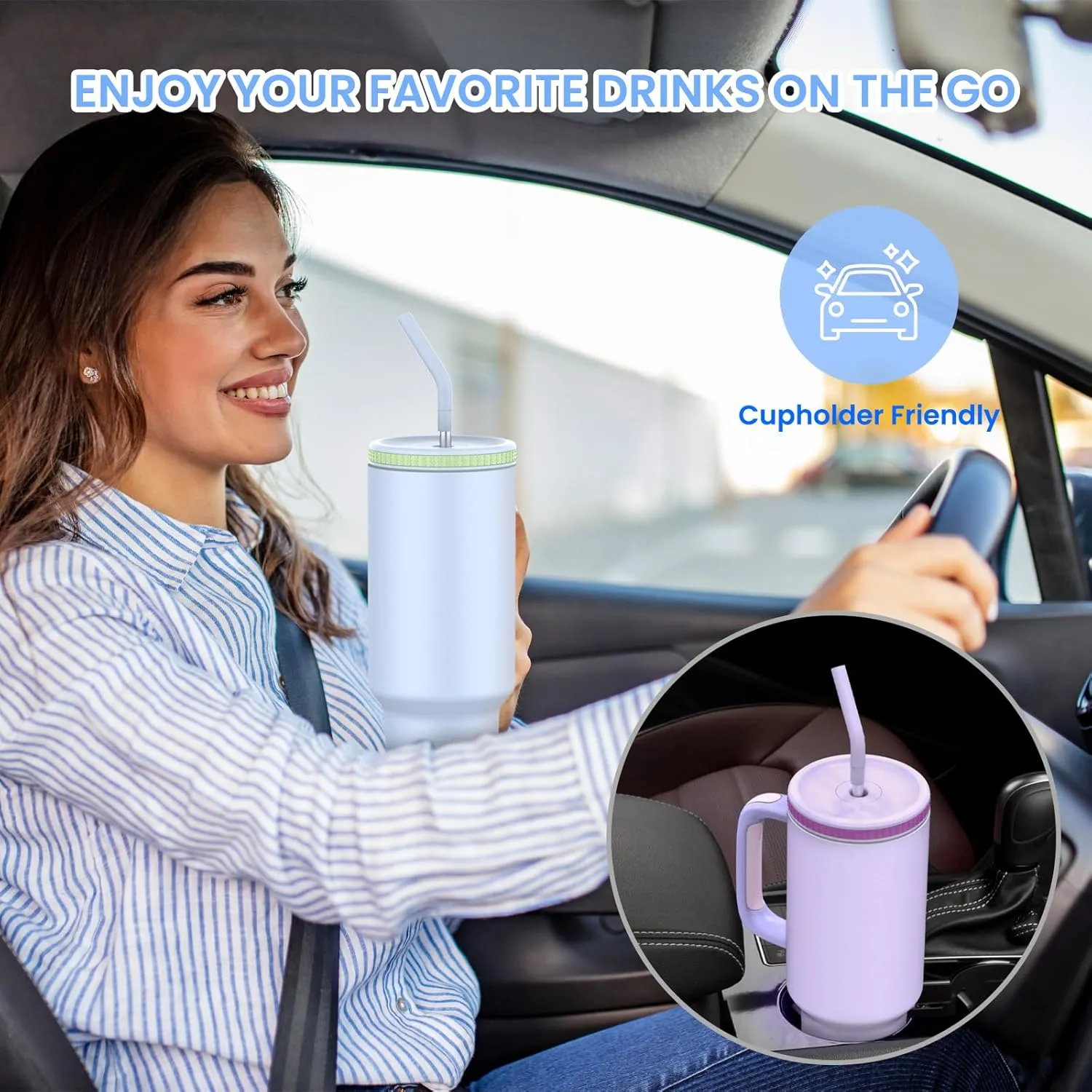 Zukro 40 oz Triple Insulated Tumbler with Handle and Straw Lid - Stainless Steel Cup Travel Mug Fits in Cupholder - No Sweat Water Bottle Keeps Drinks Cold 30 Hours - Dishwasher Safe - Dusk Pink