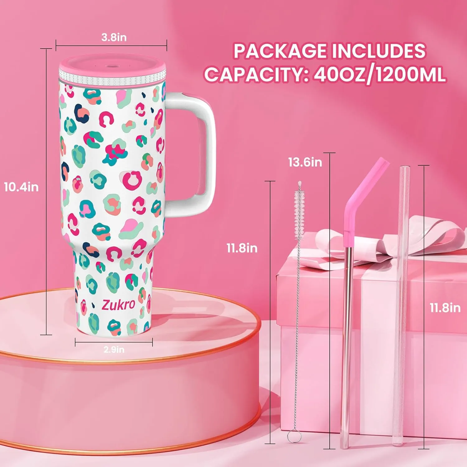 Zukro 40 oz Triple Insulated Tumbler with Handle and Straw Lid - Stainless Steel Cup Travel Mug Fits in Cupholder - No Sweat Water Bottle Keeps Drinks Cold 30 Hours - Dishwasher Safe - Dusk Pink
