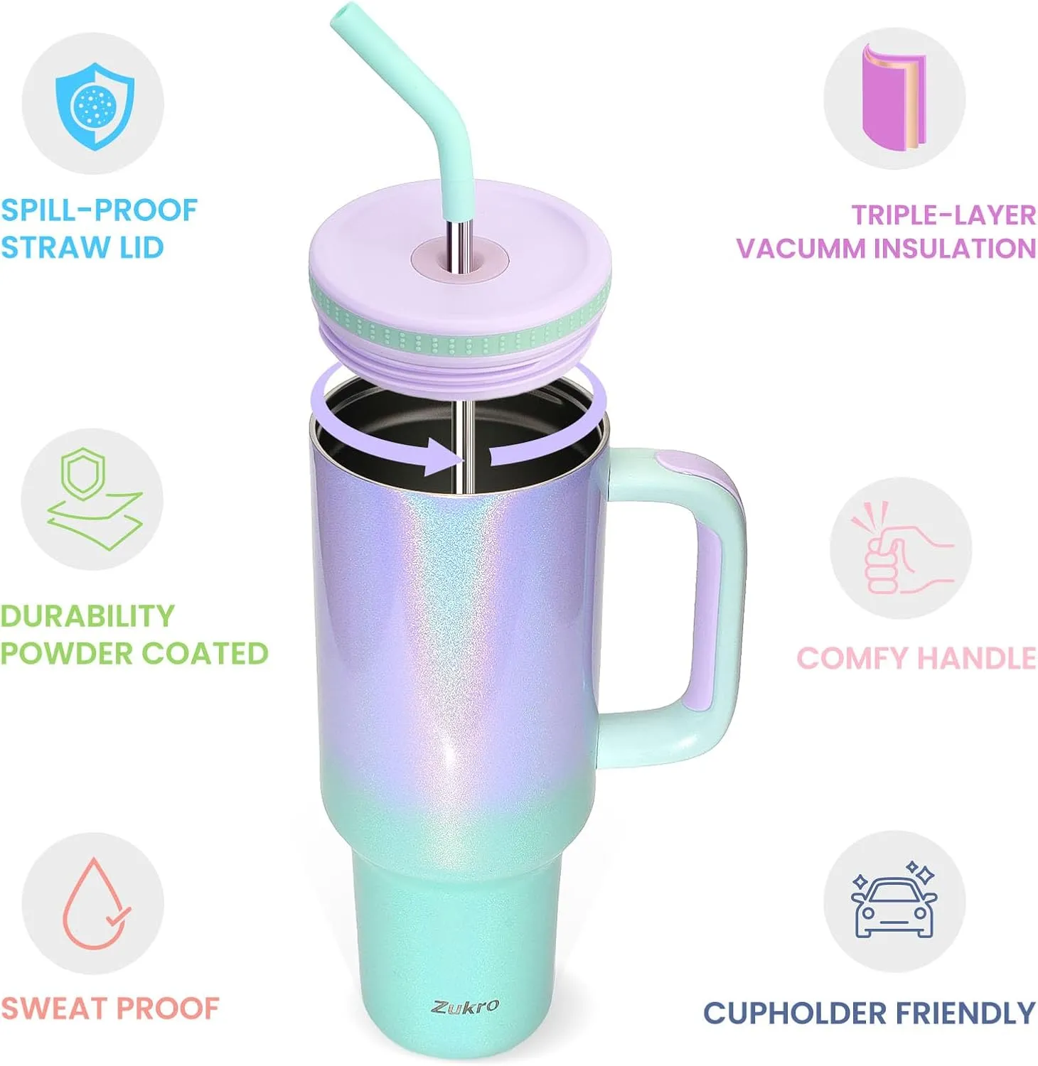 Zukro 40 oz Triple Insulated Tumbler with Handle and Straw Lid - Stainless Steel Cup Travel Mug Fits in Cupholder - No Sweat Water Bottle Keeps Drinks Cold 30 Hours - Dishwasher Safe - Dusk Pink