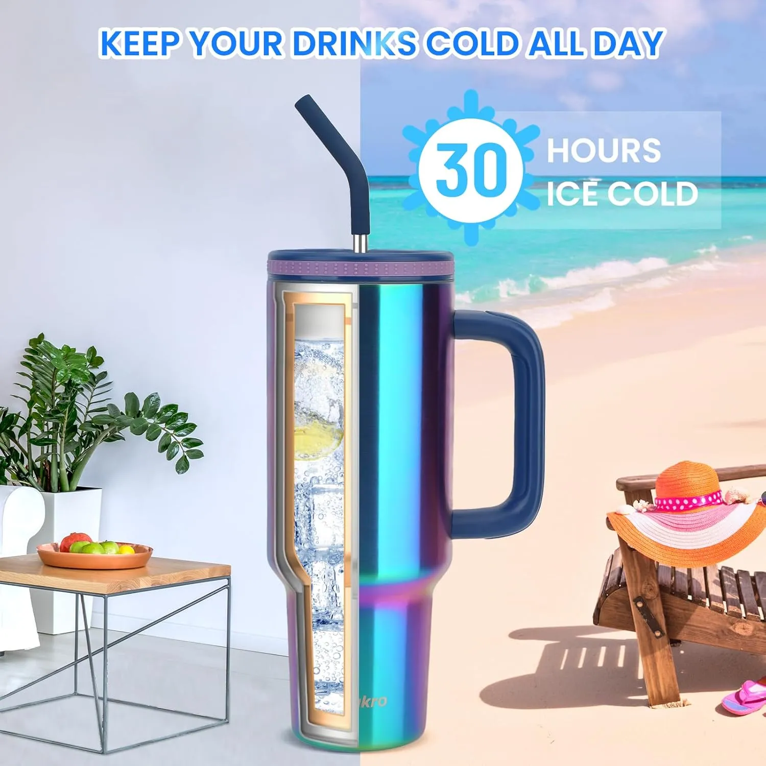 Zukro 40 oz Triple Insulated Tumbler with Handle and Straw Lid - Stainless Steel Cup Travel Mug Fits in Cupholder - No Sweat Water Bottle Keeps Drinks Cold 30 Hours - Dishwasher Safe - Dusk Pink