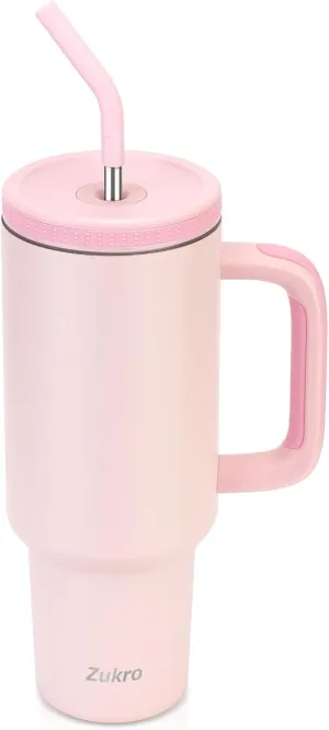 Zukro 40 oz Triple Insulated Tumbler with Handle and Straw Lid - Stainless Steel Cup Travel Mug Fits in Cupholder - No Sweat Water Bottle Keeps Drinks Cold 30 Hours - Dishwasher Safe - Dusk Pink